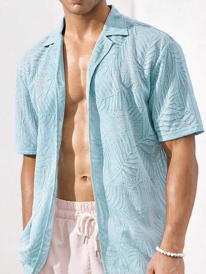 Manfinity VCAY Men Fashionable Lightweight And Breathable Woven Casual Hawaiian Shirt With Plant Pattern, Turn Down Collar, Blue Short Sleeve, Ideal For Beach And Summer Vacation, Party