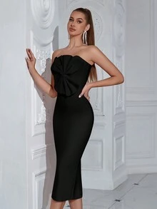ADYCE Women Strapless Bandage Dress With Split Back And Pleated Bust - Black - View 6