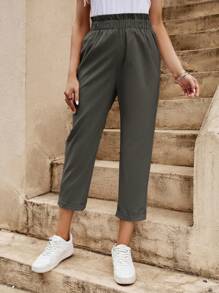 SHEIN Essnce 女式纯色锥形休闲常规裤腰带褶边