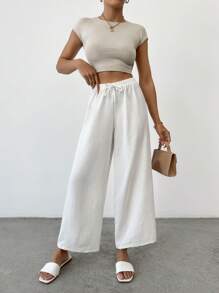 SHEIN PETITE Petite Cottnline Knot純色休閒女褲