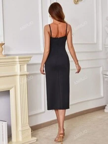 Vestido formal de gala sin mangas con cuello en V profundo, adornos hechos a mano y abertura en el dobladillo, elegante y refinado, para mujer