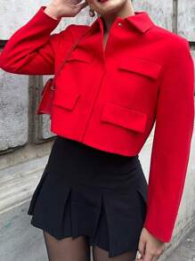 女士休闲短款红色夹克，带前口袋，女士优雅西装外套 - 紅色 - 查看 6