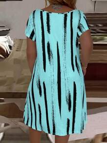 EMERY ROSE 女士大尺碼休閒條紋色塊短袖裙，適用於春夏季 - 水鴨藍 - 查看 2
