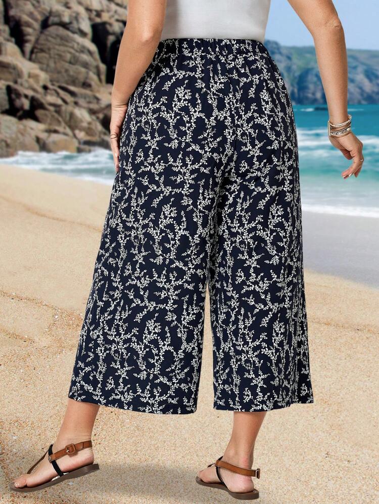 Plus Size Women Vacation Loose Wide Leg Plant Print Trousers,Flower/Spring/Summer