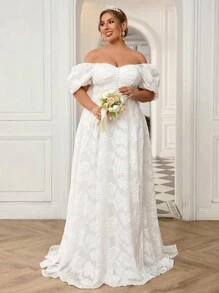 SHEIN Belle 大碼優雅婚紗，採用透視歐甲紗，帶有立體花朵細節，情人領和公主袖 - 白色 - 查看 2