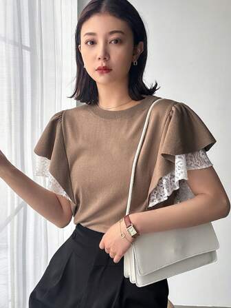 FRIFUL Women Solid Color Round Neck Lace Patchwork Knitted Top For Work,Ruffle