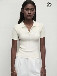 BizChic Top de Malha com Gola Polo Elegante, Manga Curta, Ajustada e Graciosa