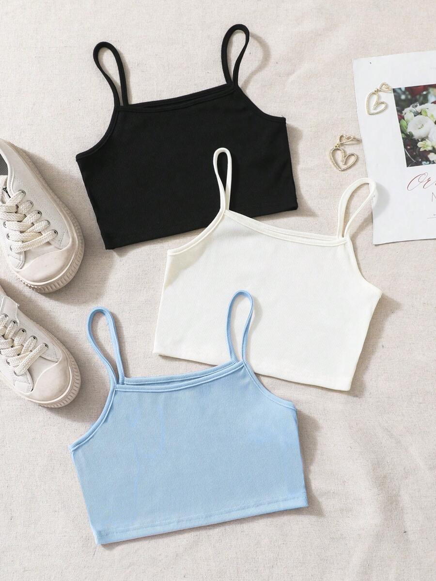 SHEIN Tween Girl 3pcs/Set Classic Simple Comfortable All-Match Camisole Top - Blue - View 1