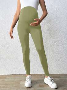 SHEIN Maternity Casual Solid Color High Waisted Leggings - Mint Green - View 4