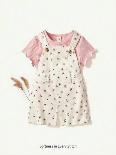 Cozy Pixies 嬰兒女實色針織軟圓領短袖上衣和花卉印花肩帶連體褲2件套