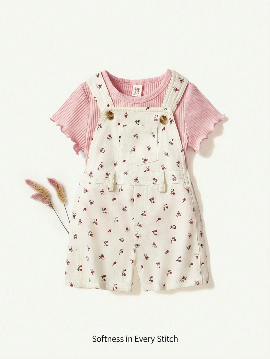 Cozy Pixies Ensemble de 2 pièces pour bébé fille, Haut tricoté à col rond et à manches courtes douces unicolore & Barboteuse imprimée florale à bretelles - Rose bonbon - Voir 1
