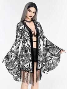 ROMWE Goth 女式復古荷葉擺絨綢燈芯絨流蘇下擺喇叭袖上衣，適用於日常和度假 - 白色 - 查看 2