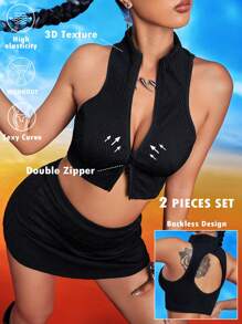 Innovista 3D Texture Fabric Solid Color Front Sports 2pcs Women Sport Sets, Zipper Tank Top,Backless Fall Corp Tops,Daily Workout &Casual ,Workout Tops,Double Zipper,Soft Rib,Spandex Crop Jacket