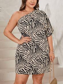 SHEIN Privé Plus Size Asymmetrical Neck Zebra Printed Summer Dress, Perfect For Travel, Vacation, Daily Wear And Date - Khaki - View 3