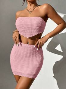 SHEIN PETITE 素色頭巾下擺短款抹胸上衣和包臀半身裙 - 粉色 - 查看 4