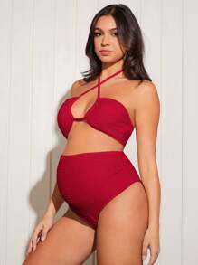 SHEIN Maternity Fashionable Summer Solid Halter Neck Bikini Set & Cover Up Skirt,Summer Beach - Red - View 4