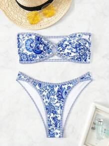 SHEIN Swim Women Printed Vacation Style Strapless Bikini Set, Random Print, Spring/Summer Beach - Blue and White - View 3