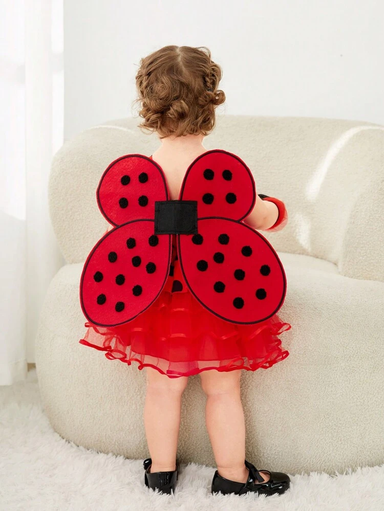 3pcs/Set Baby Girls Cute & Funny Polka Dot Pattern Net Yarn Dress Insect Ladybug Cosplay Costume Outfit With Gloves & Wings Included