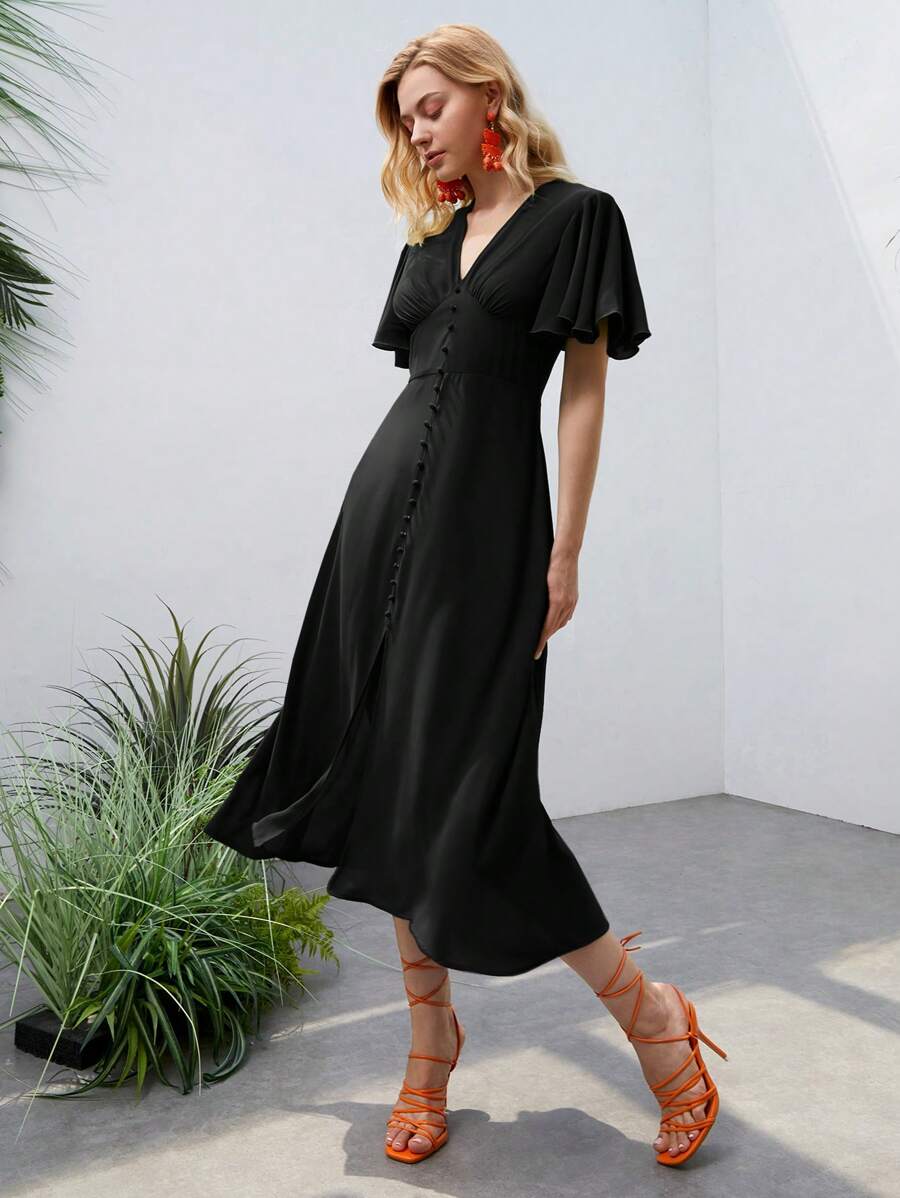 SHEIN VCAY Butterfly Sleeve Button Front Dress