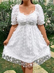 Sunnyshic Plus Size Mùa Hè Lãng Mạn Bướm Đính Lưới Người Yêu Cổ Áo Đầm Tay Ngắn - trắng - Xem 4