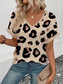 INAWLY 女士时尚宽松V领短袖T恤夏季图案猎豹印花T恤女式上衣