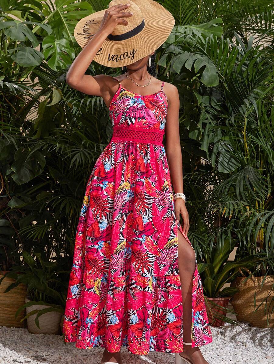 SHEIN Teen Girl Màu Đỏ Nhiệt Đới Thực Vật & Động Vật In Rỗng Dây Thắt Lưng Ngày Lễ Thường Ngày Áo Dài - Đỏ - Xem 1