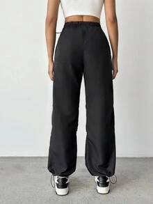 SHEIN PETITE 純色束腰收口褲 - 黑色 - 查看 2