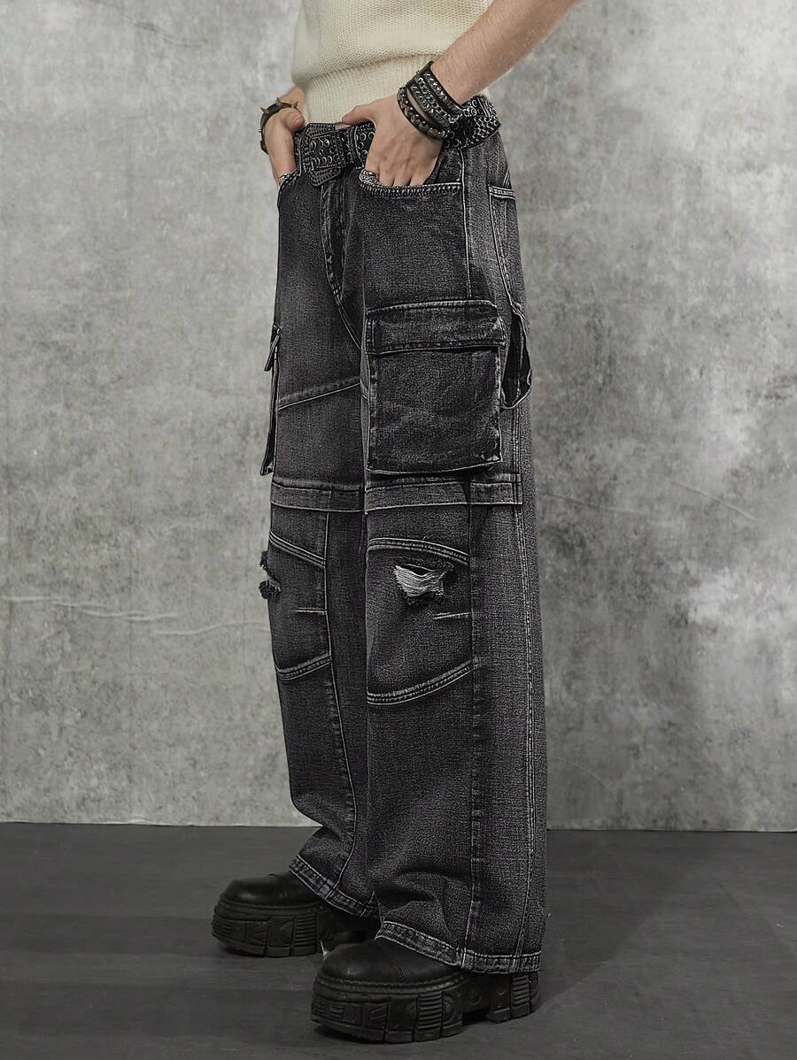 Manfinity Denimwave 男士耐用黑色重磅牛仔褲，帶磨邊和多口袋，寬腳款式，非常適合城市街頭服裝，是耐用實用的時尚寬鬆運動風長褲，酸洗深色牛仔褲，素面派對Y2K情侶裝 - 黑色 - 查看 1
