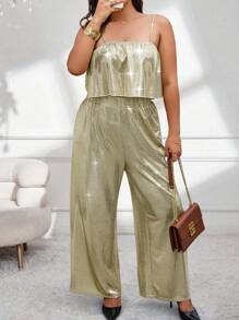 SHEIN Unity Conjunto de camisola y pantalón de pata ancha con textura metálica para moda de verano en tallas grandes - Dorado - Ver 3