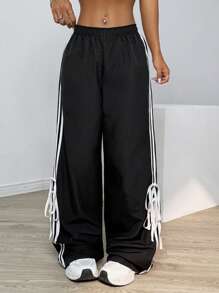 SHEIN EZwear 編織對比條紋側邊有彈性腰部運輸褲 - 黑色 - 查看 5