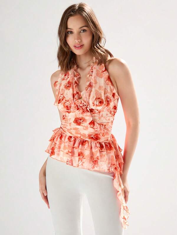 Enchnt Women Summer Floral Printed Sleeveless Top With 3D Flower Decoration, Ruffled Hem, And Halter Neck Tie Back