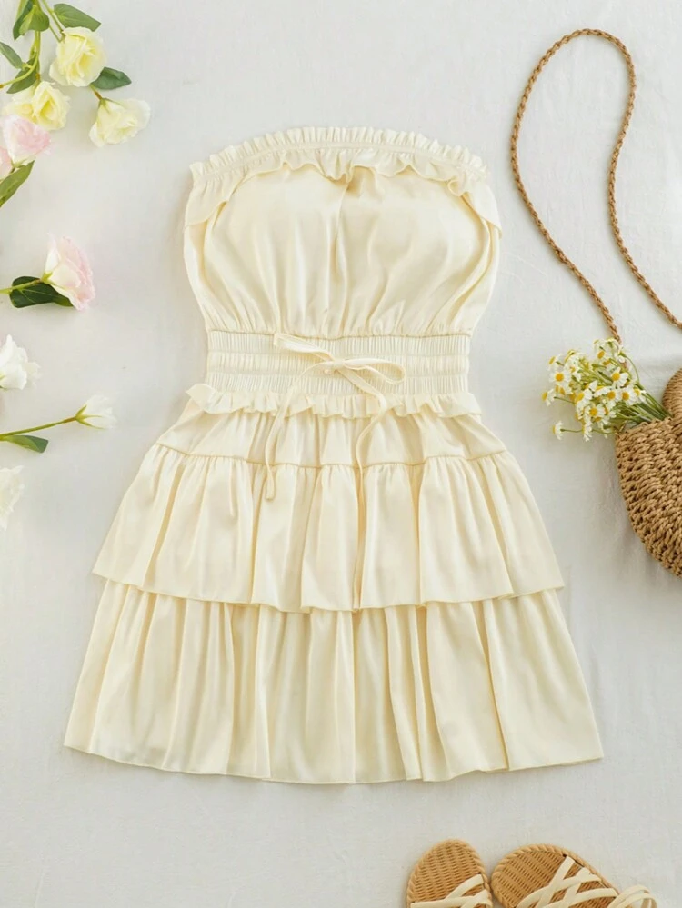 Solid Color Strapless Dress With Frill Trim & Waist Drawstring
