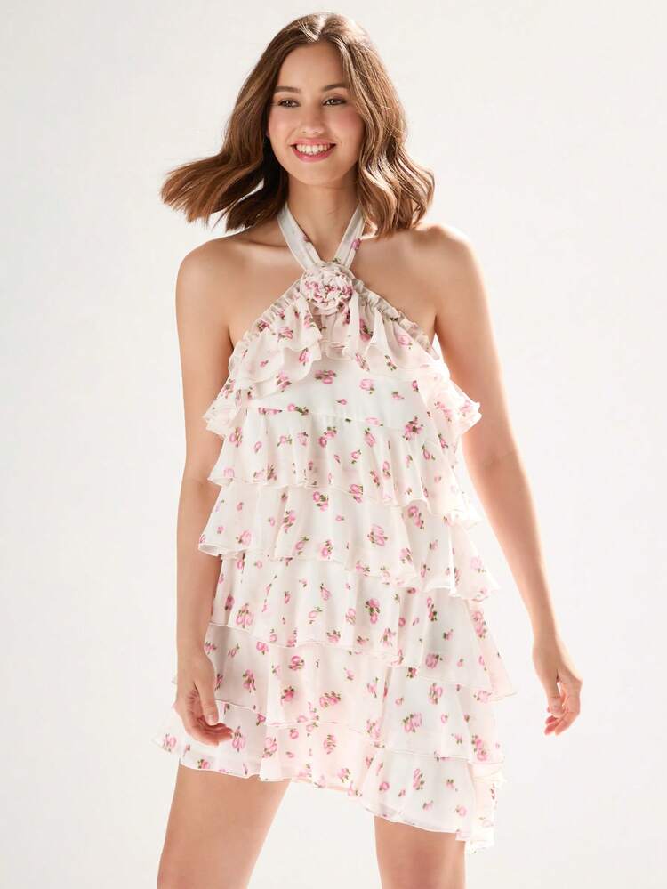 Ladies Summer Sweet Ditsy Floral Print Halter Backless Ruffle Trimmed Dress