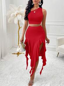 AIJ Amarilo Women Sexy One Shoulder Side Ruched Top And Ruffle Slit Thigh Skirt Set - Red - View 3