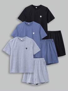 SHEIN Teen Boy Casual, Comfortable, Loose-Fitting, Solid Colored T-Shirt With Bird Print Pattern, Shorts 6 Pieces Set, School, Campus, College - Multicolor - View 6