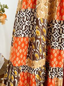 Soleia Vestido de vacaciones para mujer de estilo bohemio en color marrón con estampado de cachemira y volantes en la cintura, con escote frontal y en el medio calado, dobladillo dividido en múltiples capas y correa de collar