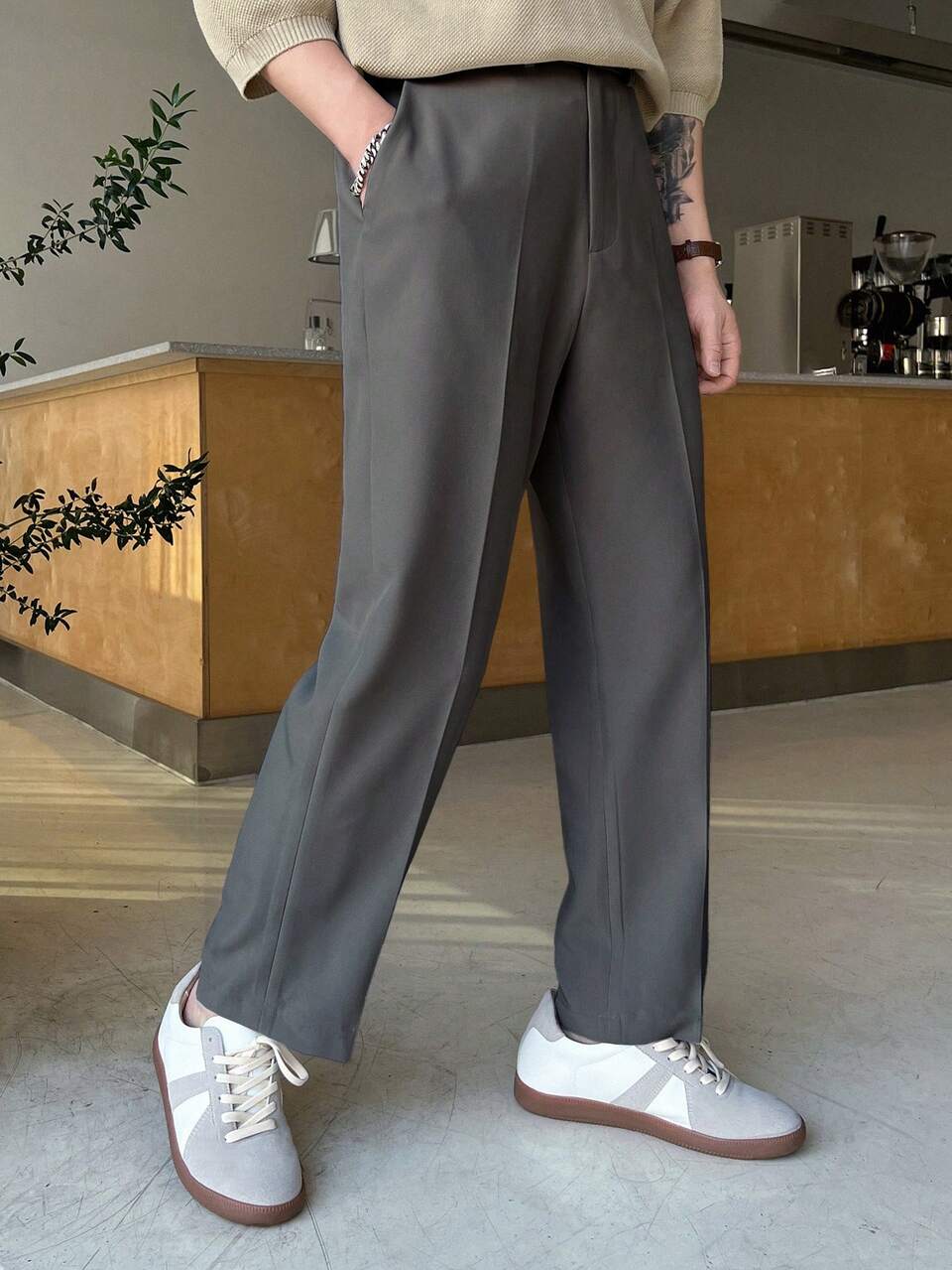 Men Casual Solid Color Tapered Suit Trousers Business Attire