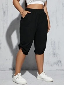 SHEIN Essnce Women Plus Size Black Button Closure Capri Pants For Spring And Summer - Black - View 4