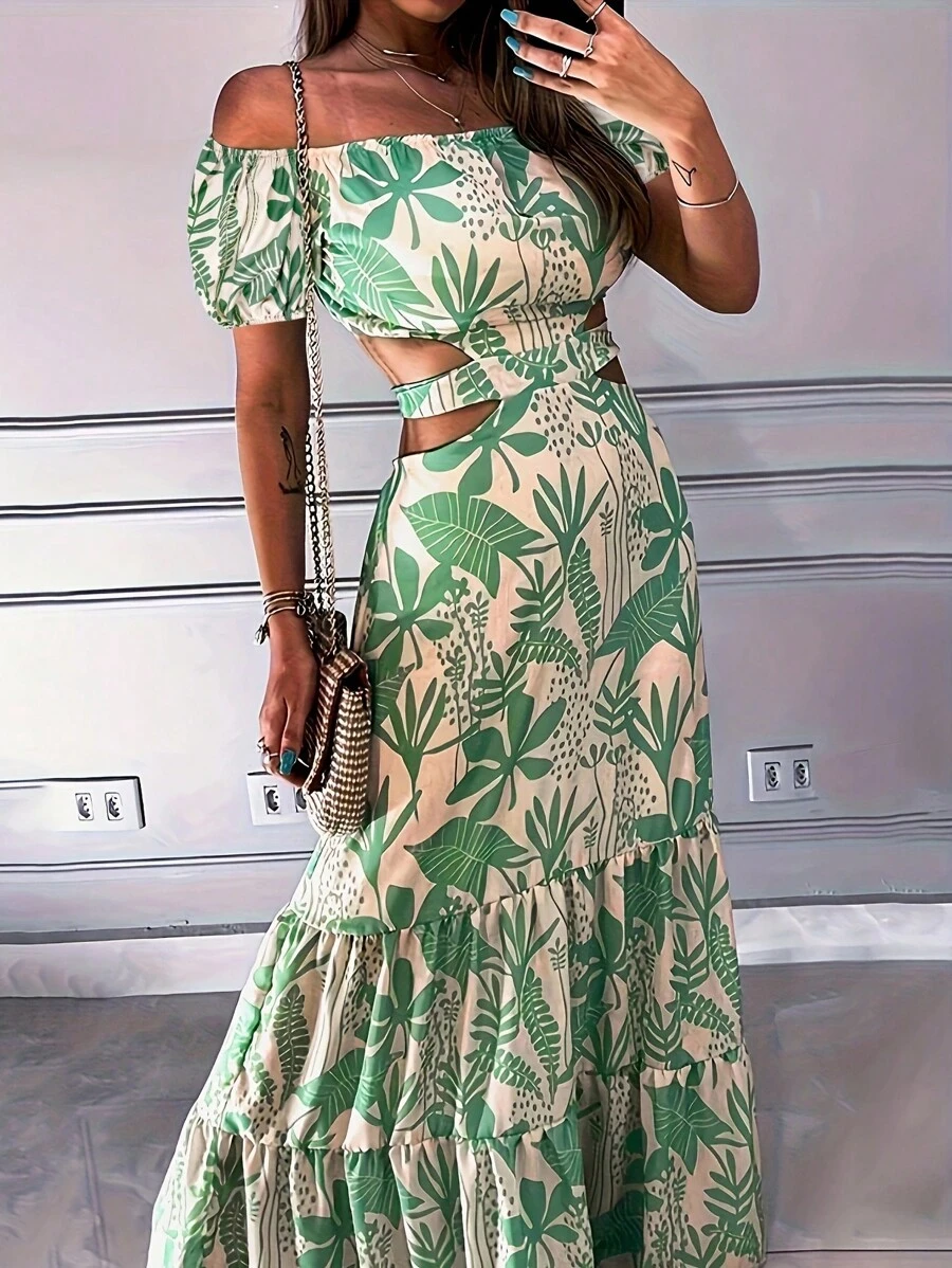 女士度假休闲植物印花露肩镂空腰连衣裙，音乐节波西米亚风格夏季优雅度假服装