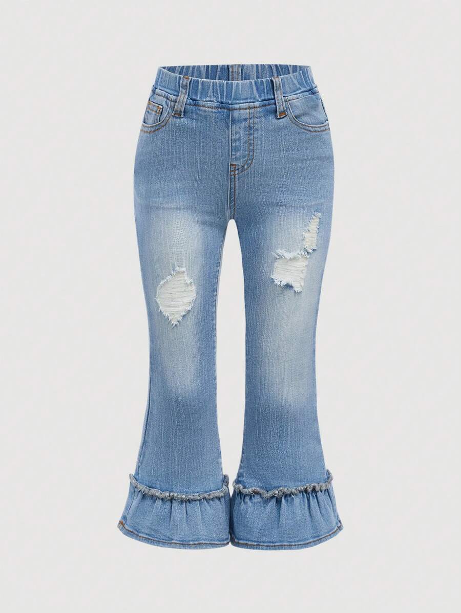 SHEIN Young Girl Cute Ruffled Trim Old-Fashioned Water Washed Distressed Flared Jeans Music Festivals - Light Wash - View 1