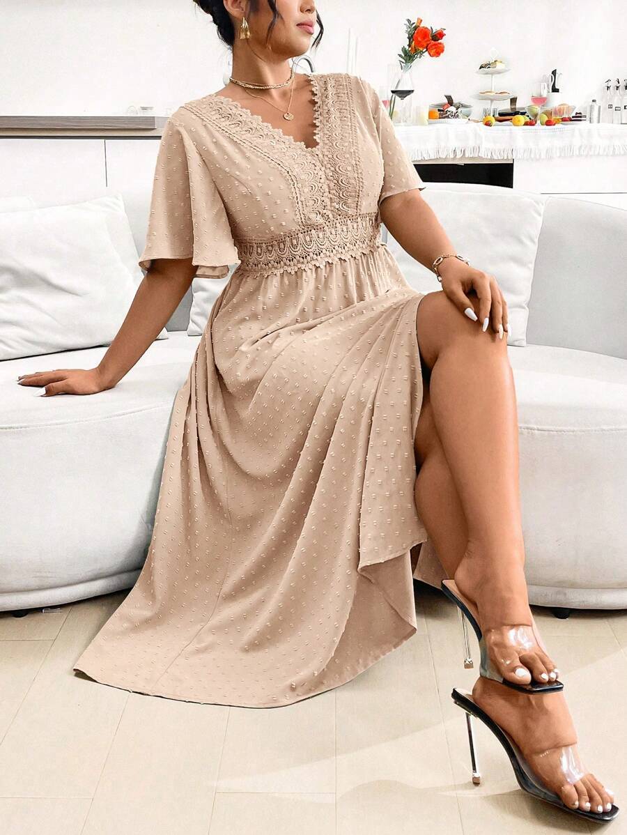 SHEIN LUNE Plus Size Summer Elegant Lace Patchwork Slit Dress - Apricot - View 1