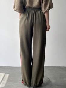FRIFUL Mujeres Pantalones holgado de bloques de color lateral a la moda para uso casual