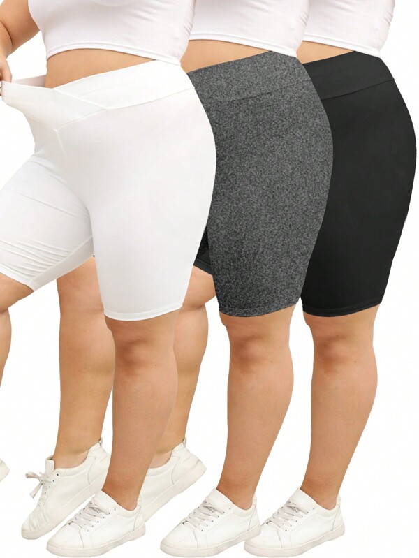 SHEIN LUNE 3pcs/Set Plus Size Black/Grey/White Leggings Shorts, Casual Summer Wear