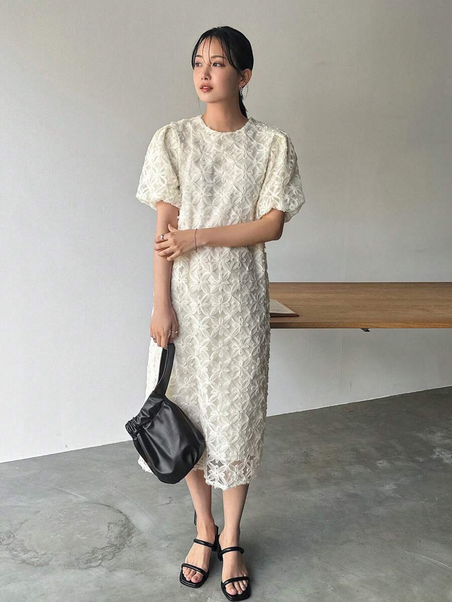 FRIFUL 女士夏季短袖圆领泡泡袖直筒优雅长裙太阳裙