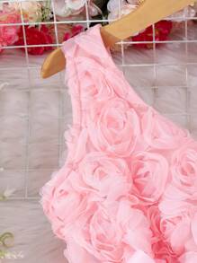 Vestido sin mangas con cuello en V y decoración de flor 3D para niñas preadolescentes - Rosa - Ver 3