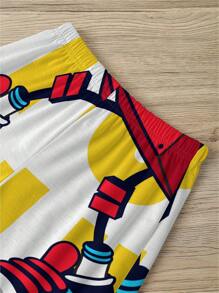 Young Boy Casual Simple Cartoon Pattern Short Sleeve T-Shirt And Shorts 2pcs/Set, Suitable For Summer - Multicolor - View 4