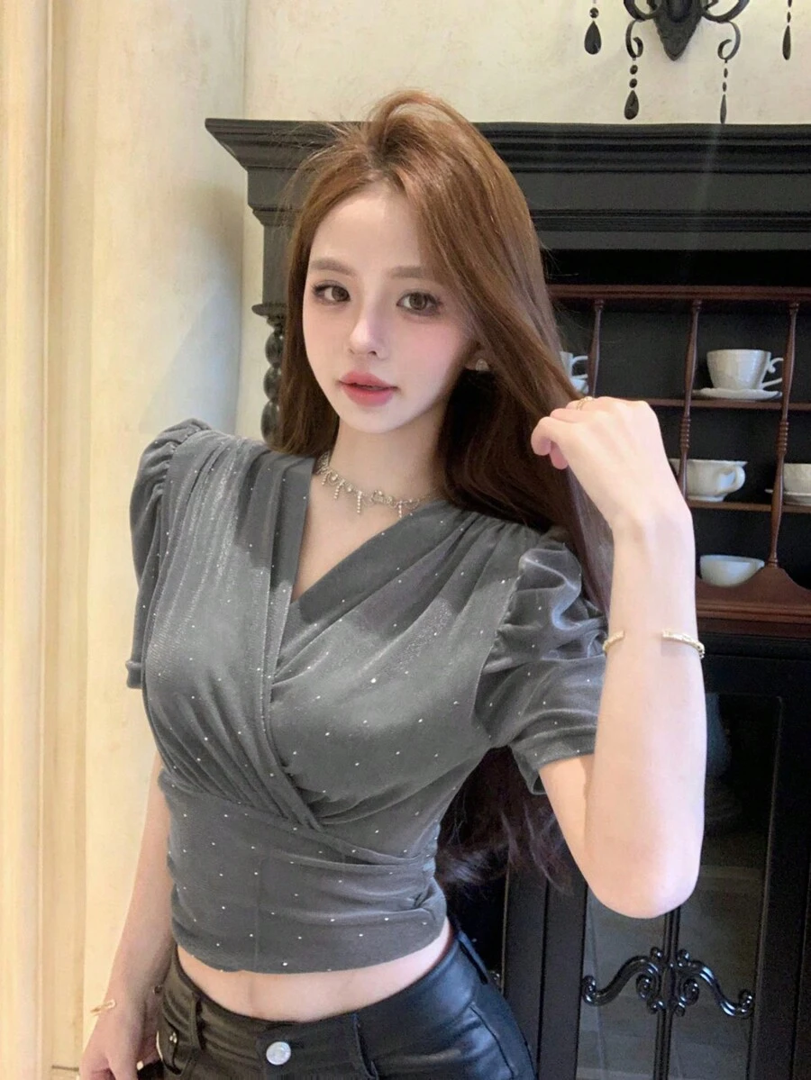 V 领闪亮泡泡袖休闲衬衫，夏季 - 灰色 - 查看 1