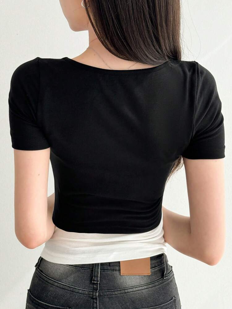 Women Fashion Color Block Short Sleeve Mock 2 In 1 T-Shirt Cute Tops