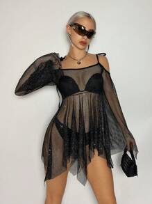 SHEIN ICON Y2k 夏季修身款闪光网眼透视露肩带不对称下摆黑色连衣裙海滩罩衫 Kpop 风格外出服装演唱会服装夏季服装音乐节节日服装 - 黑色 - 查看 4