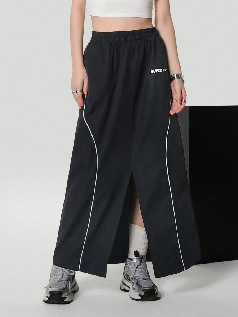 SHEIN EZwear Chân váy dài xẻ tà phía trước, phối phản quang, tiện dụng - Phong cách cá tính cho mùa xuân/hè. - màu đen - Xem 1